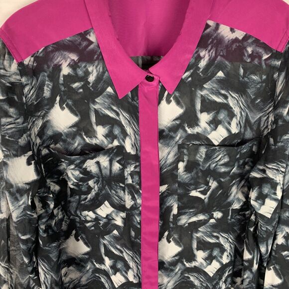 Kenneth Cole Long-sleeved Colorblock Blouse tunic Large 10 Collar Pink Black - Picture 4 of 13